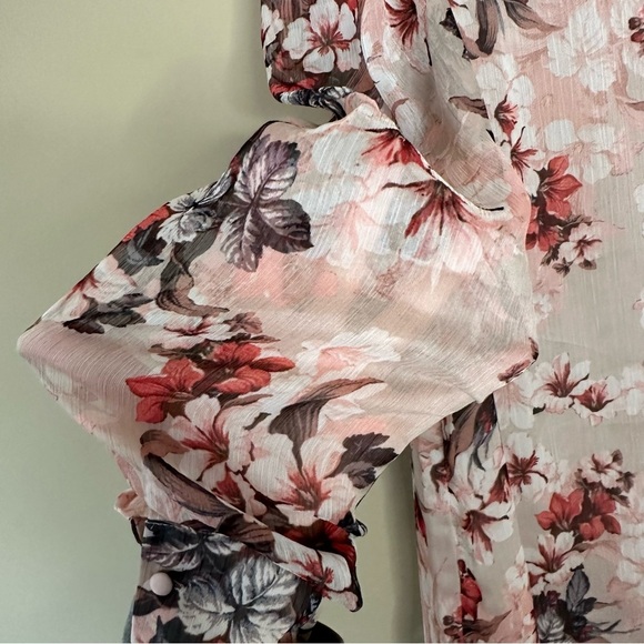 Vince Camuto Women L Top Long Sheer Puff Sleeve Blouse Floral Fairy Feminine - Picture 3 of 10